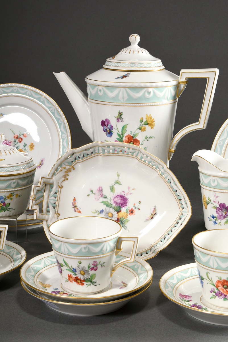 15 Pieces KPM coffee service "Kurland" with flowers and insects, gold staffage and turquoise frieze - Image 3 of 10