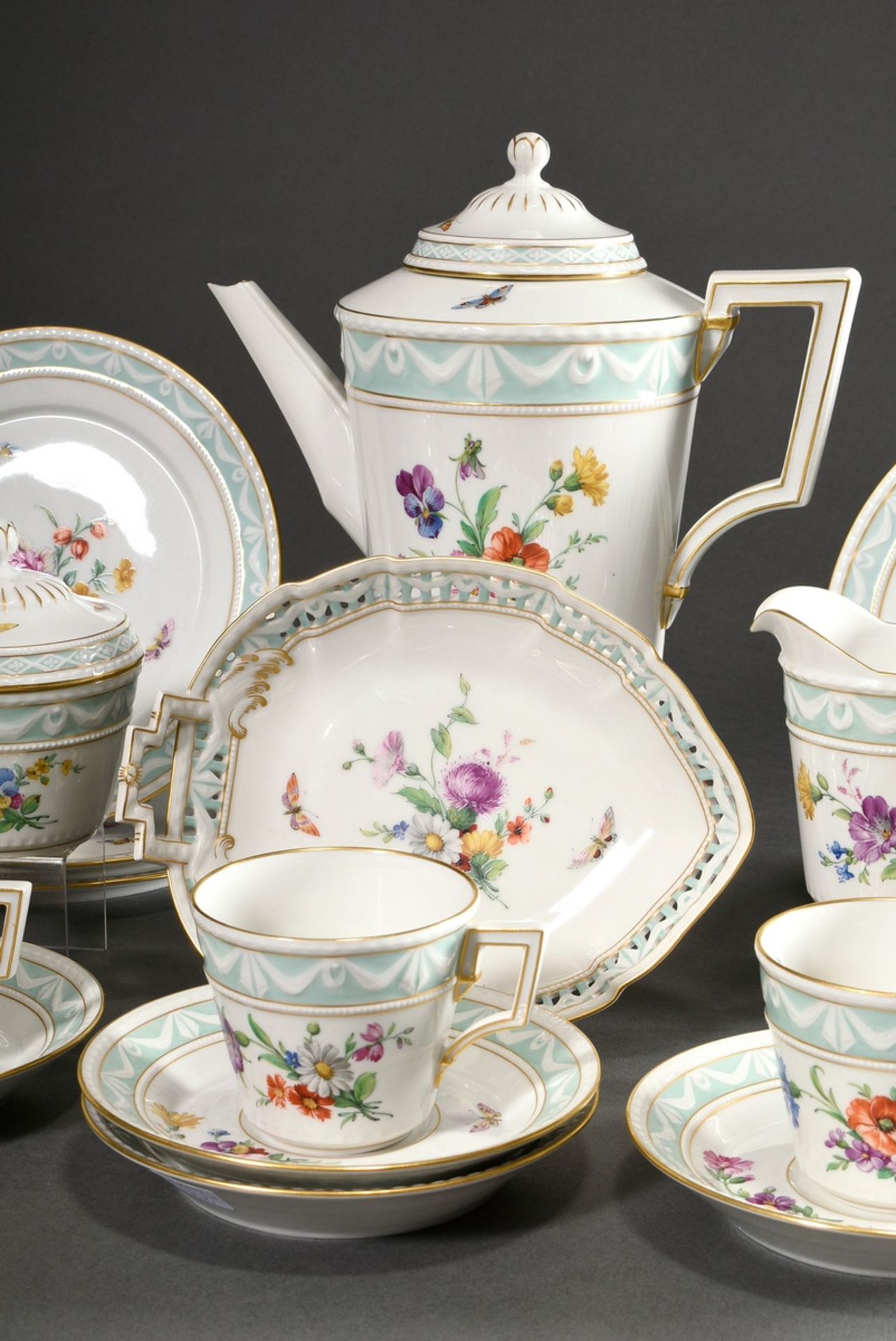 15 Pieces KPM coffee service "Kurland" with flowers and insects, gold staffage and turquoise frieze - Image 3 of 10