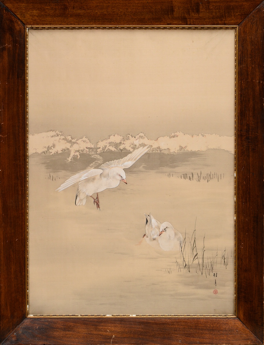 Japanische Seidenmalerei "Möwen" in Eichenrahmen, u.r. Siegelsignatur, um 1900, 84,5x63,5cm, Rahmen - Bild 2 aus 6