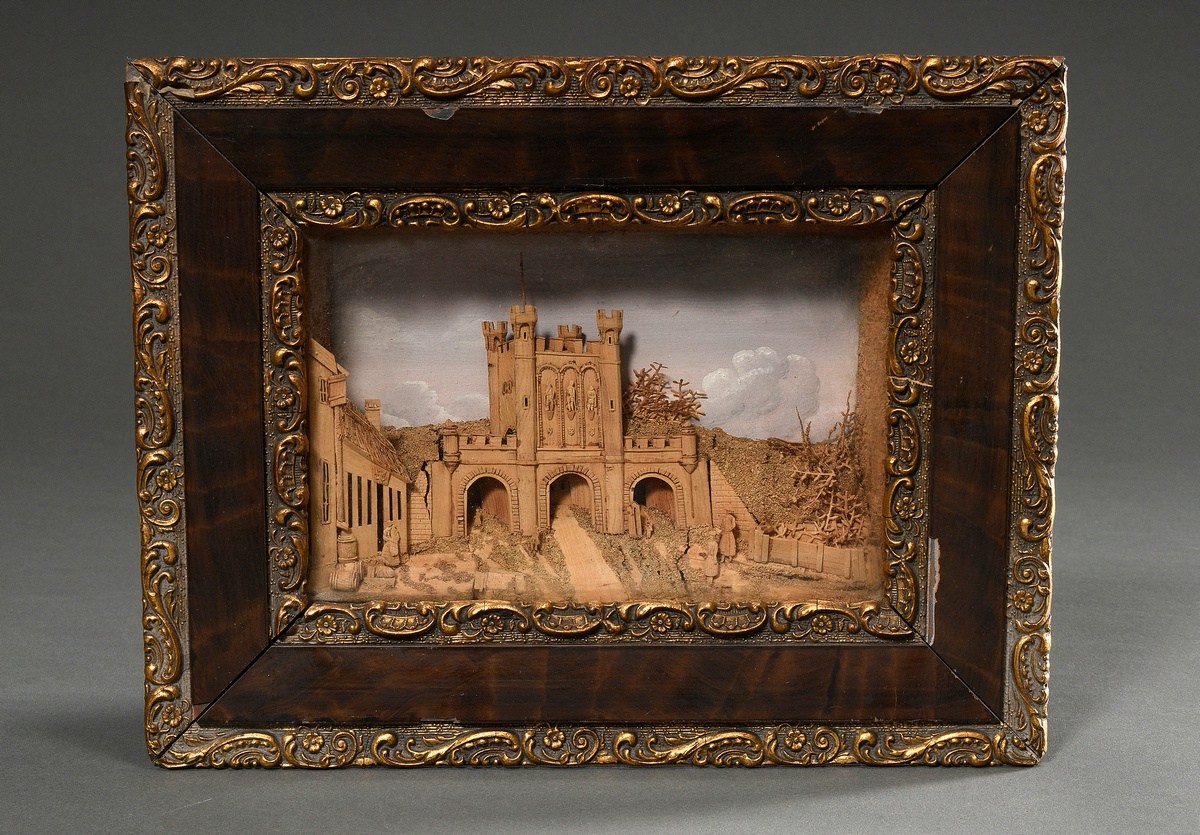 Small cork diorama ‘Castle ruins with staffage’, 4.5x30x23cm, small defects