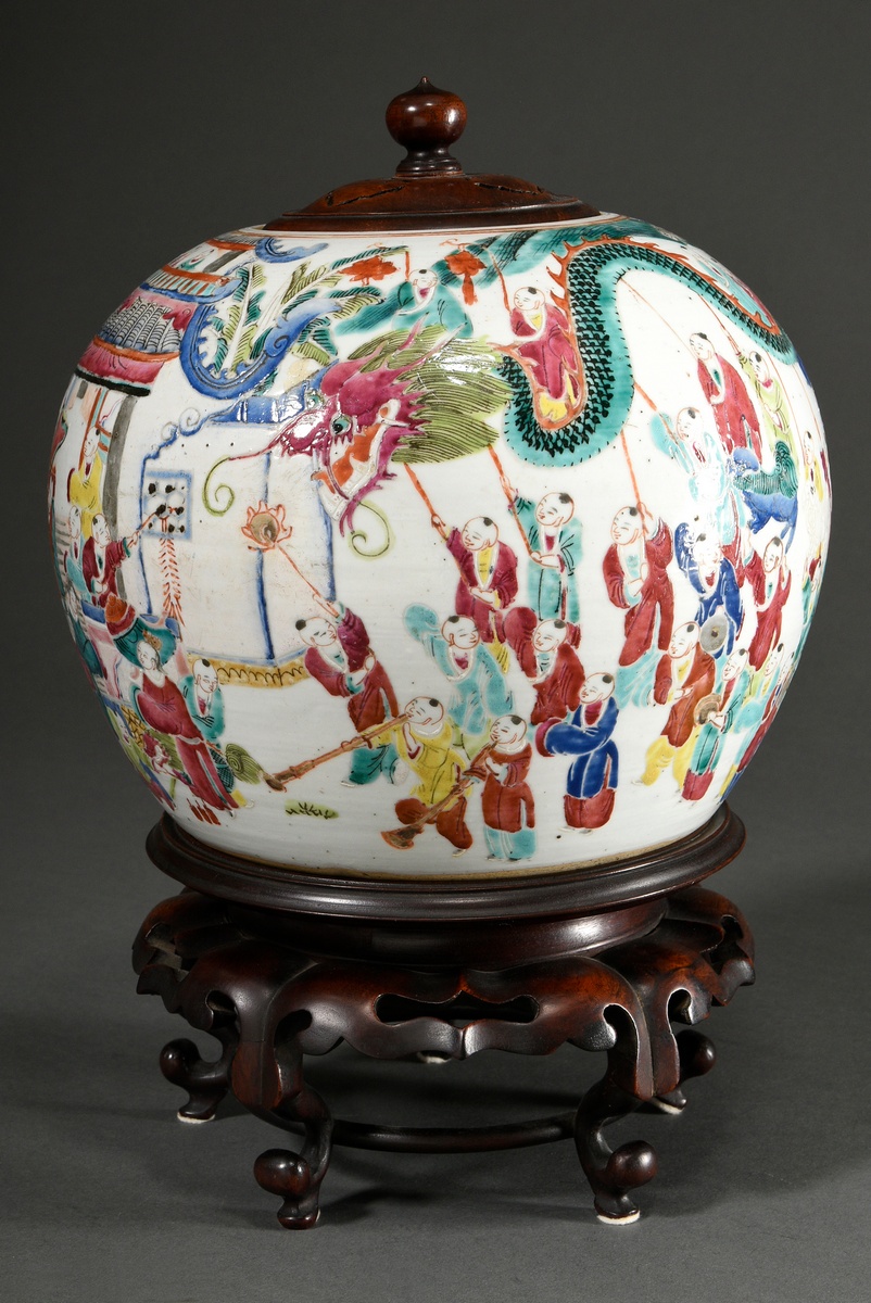 Bellied ginger pot with carved wooden lid and stand and polychrome painting "New Year's festival wi