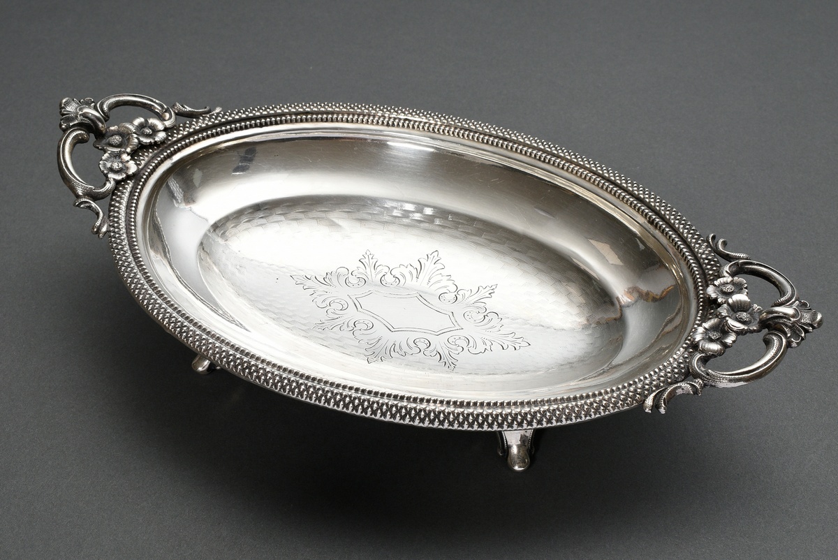 Late Biedermeier pastry bowl on small feet with guilloché and engraved decoration and small ear han