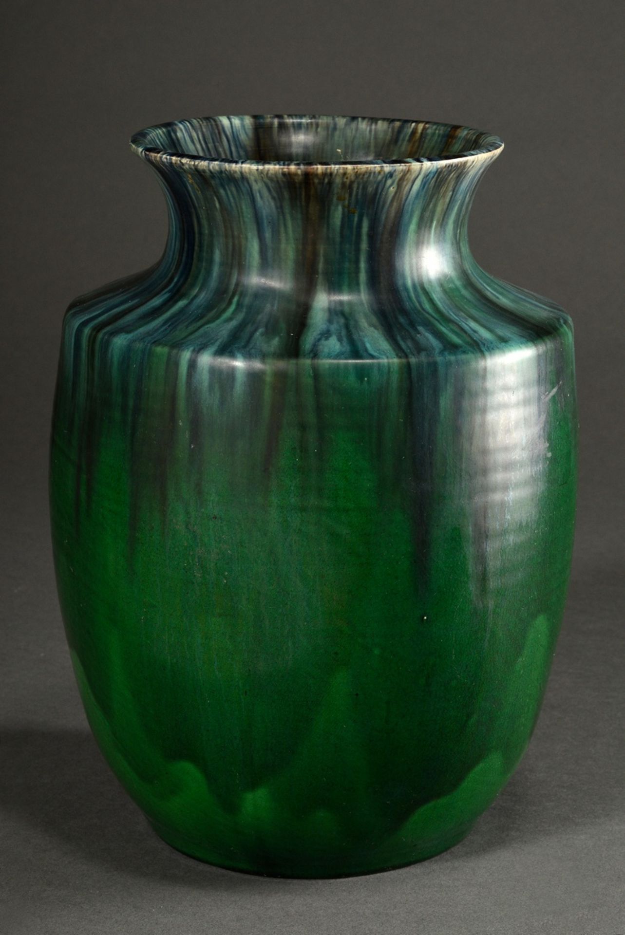 Vase with baluster body and projecting lip, ceramic with gradient glaze in blue-green, 1913-1929, b
