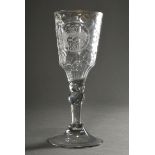 A large Baroque glass goblet with faceted shaft and gold rim and engraved coat of arms ‘Crossed ear