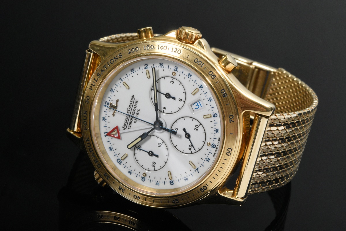 Yellow gold 750 Jaeger LeCoultre Heraion Chronographe Reveil wristwatch with attached yellow gold 5