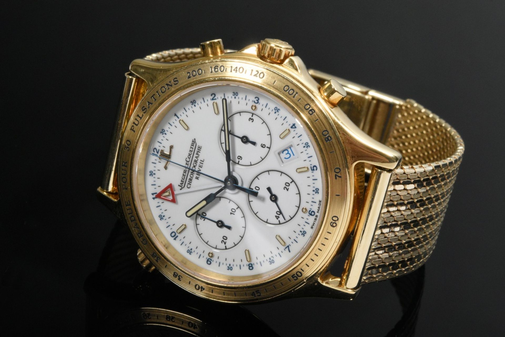 Gelbgold 750 Jaeger LeCoultre Heraion Chronographe Reveil Armbanduhr mit angesetztem Gelbgold 585 A