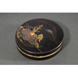 Round Komai powder box with delicate gold and silver inlays "Teahouse and Torii in front of Fuji Pa