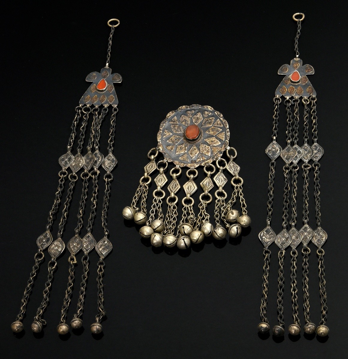 3 Pieces of Yomud Turkmen jewelry with bell ornaments: 2 braid or temple ornaments made of bird-sha