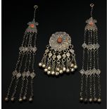 3 Pieces of Yomud Turkmen jewelry with bell ornaments: 2 braid or temple ornaments made of bird-sha