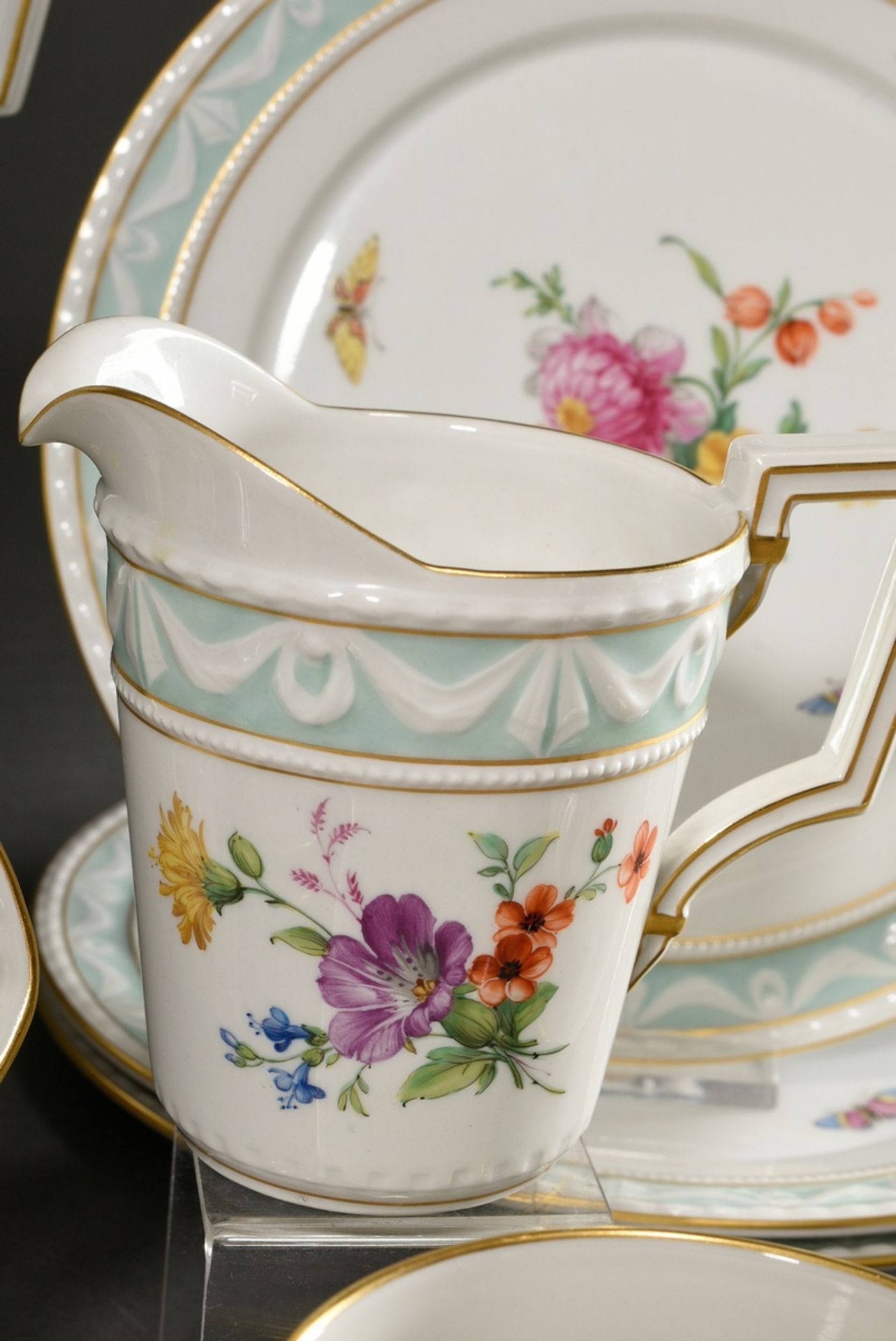 15 Pieces KPM coffee service "Kurland" with flowers and insects, gold staffage and turquoise frieze - Image 5 of 10