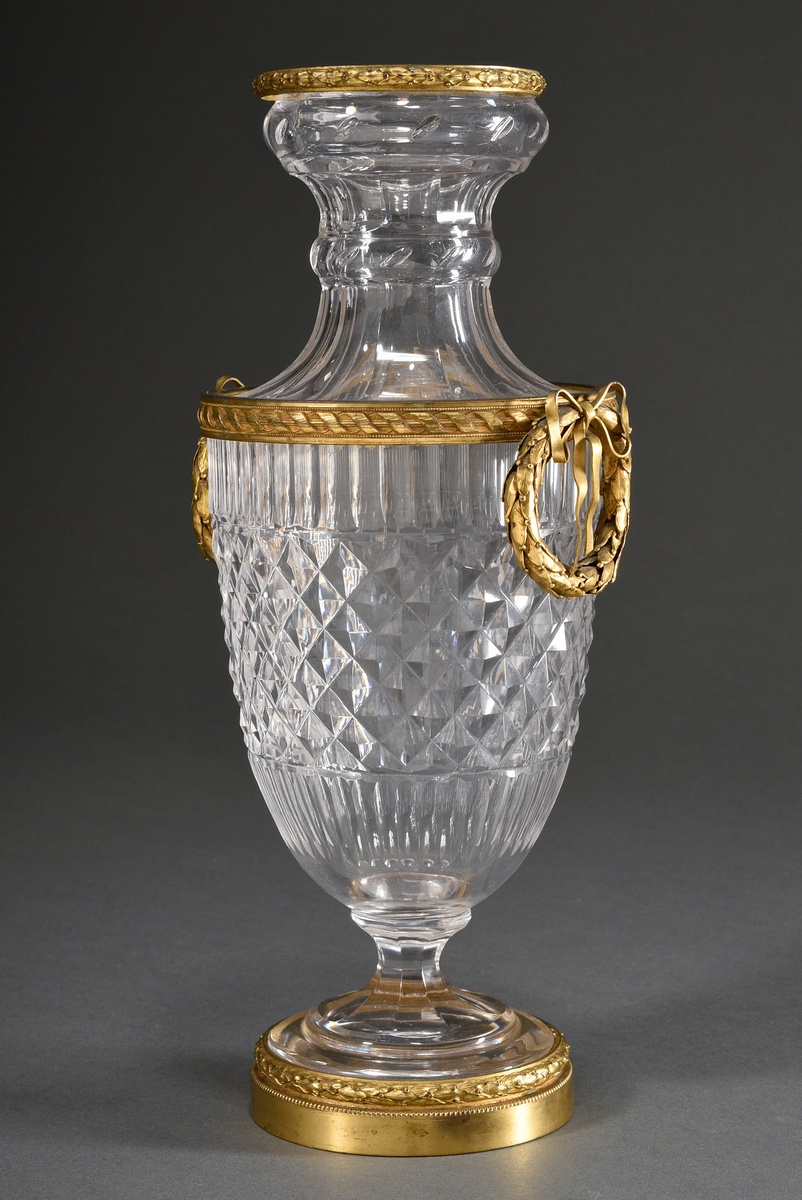 Classic crystal vase in stone cut with fire-gilt mounts and laurel wreath handles in Louis XVI styl