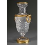 Classic crystal vase in stone cut with fire-gilt mounts and laurel wreath handles in Louis XVI styl