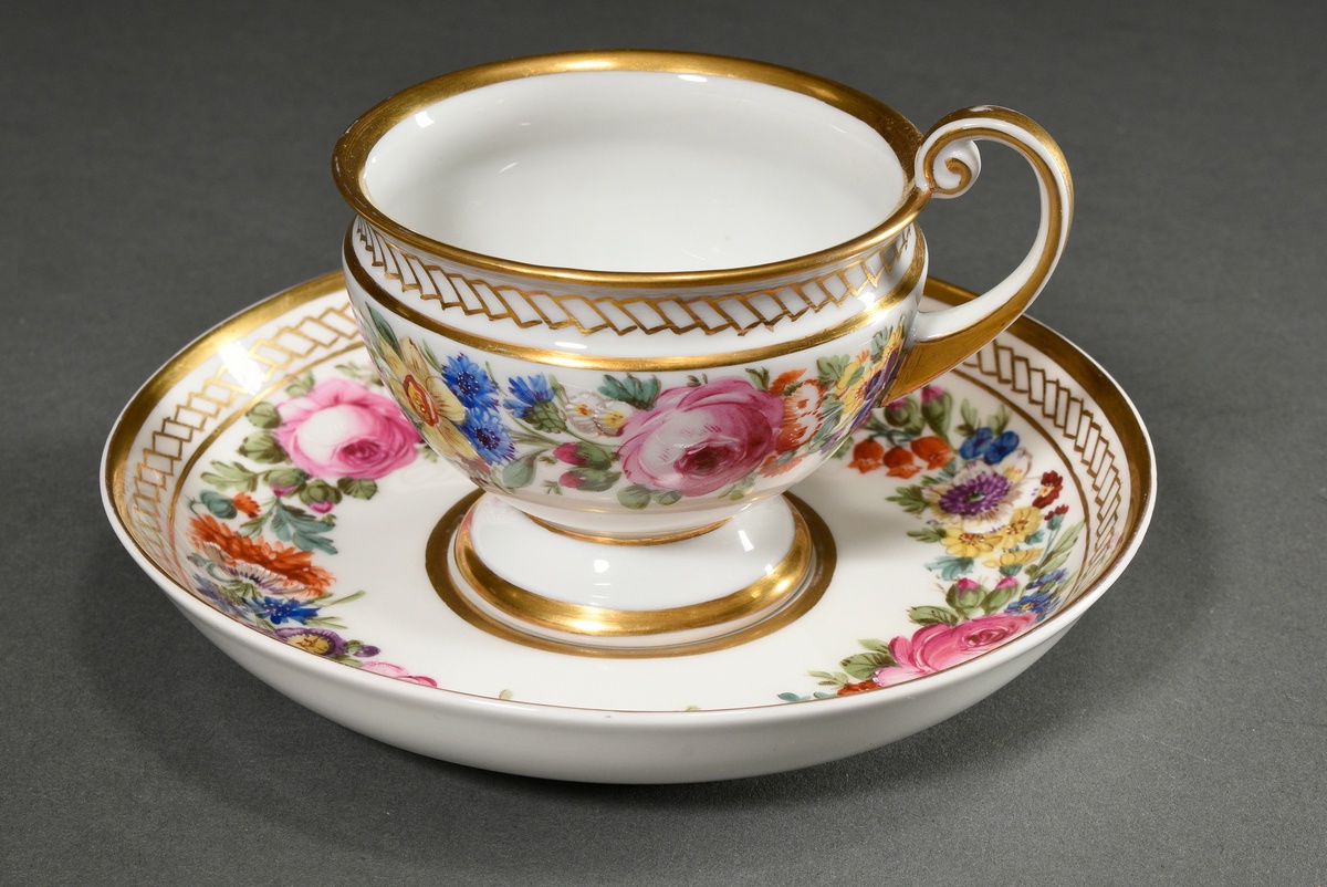 2 Various pieces KPM plate (Ø 24.5cm) and cup/ saucer (h. 7.5cm) with polychrome flower painting an - Image 2 of 6