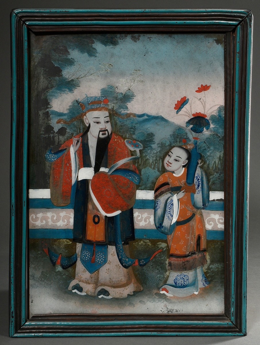 Chinese reverse glass painting "Man and woman in garden landscape", 19th century, verso inscribed, 