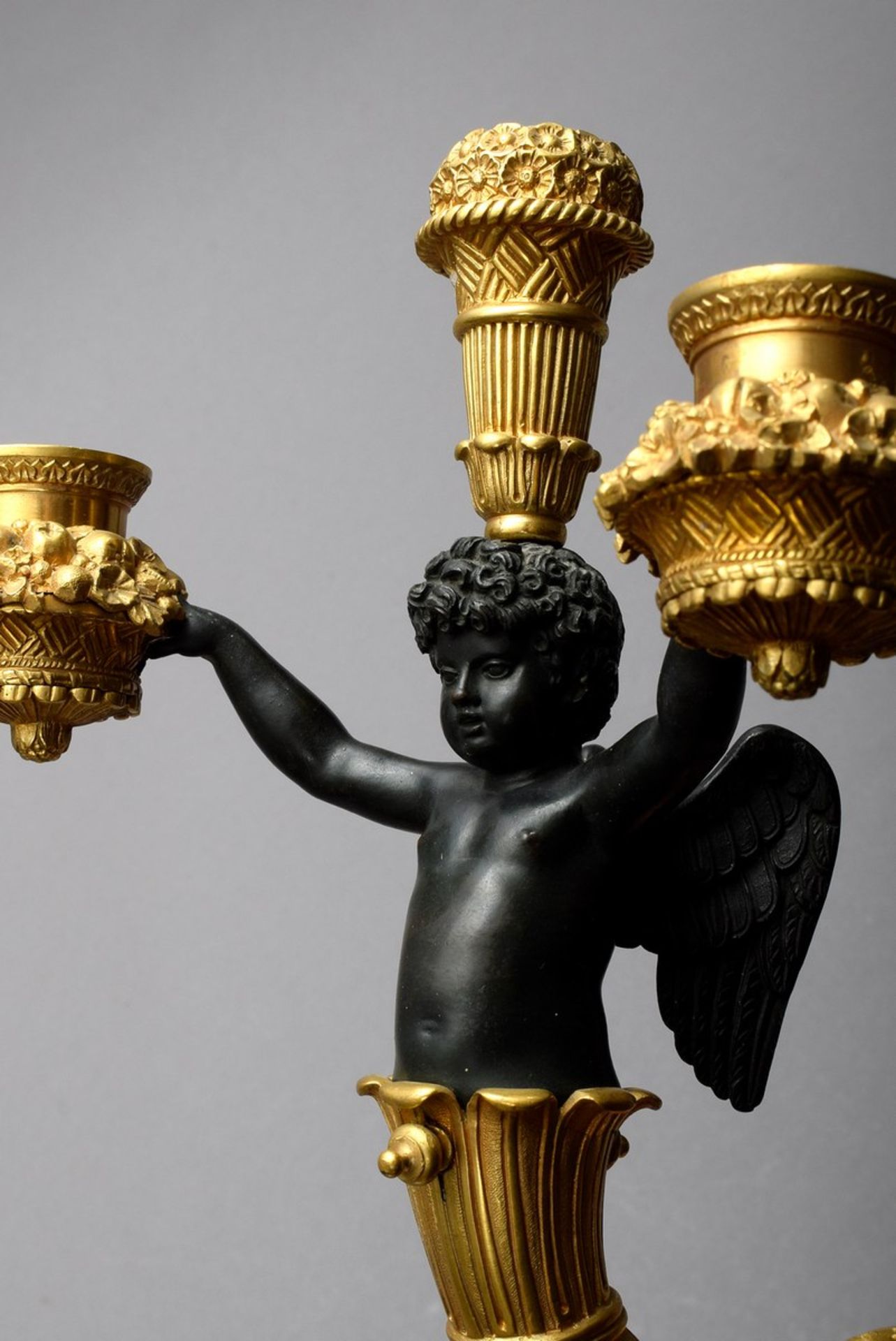 Pair of fine figurative Empire wall arms, cupids with flower baskets looking out of cornucopias, fi - Image 2 of 9