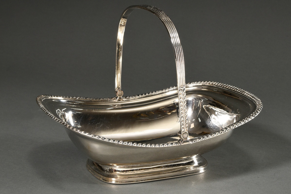 Large silver-plated pastry or fruit basket with hinged handle and grooved rim, engraved ‘Habsburg d
