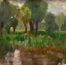 Schaper, Friedrich (1869-1956) "Flussufer", Öl/Leinwand, u.l. sign., 24x24cm (m.R. 38,5x39,5cm)