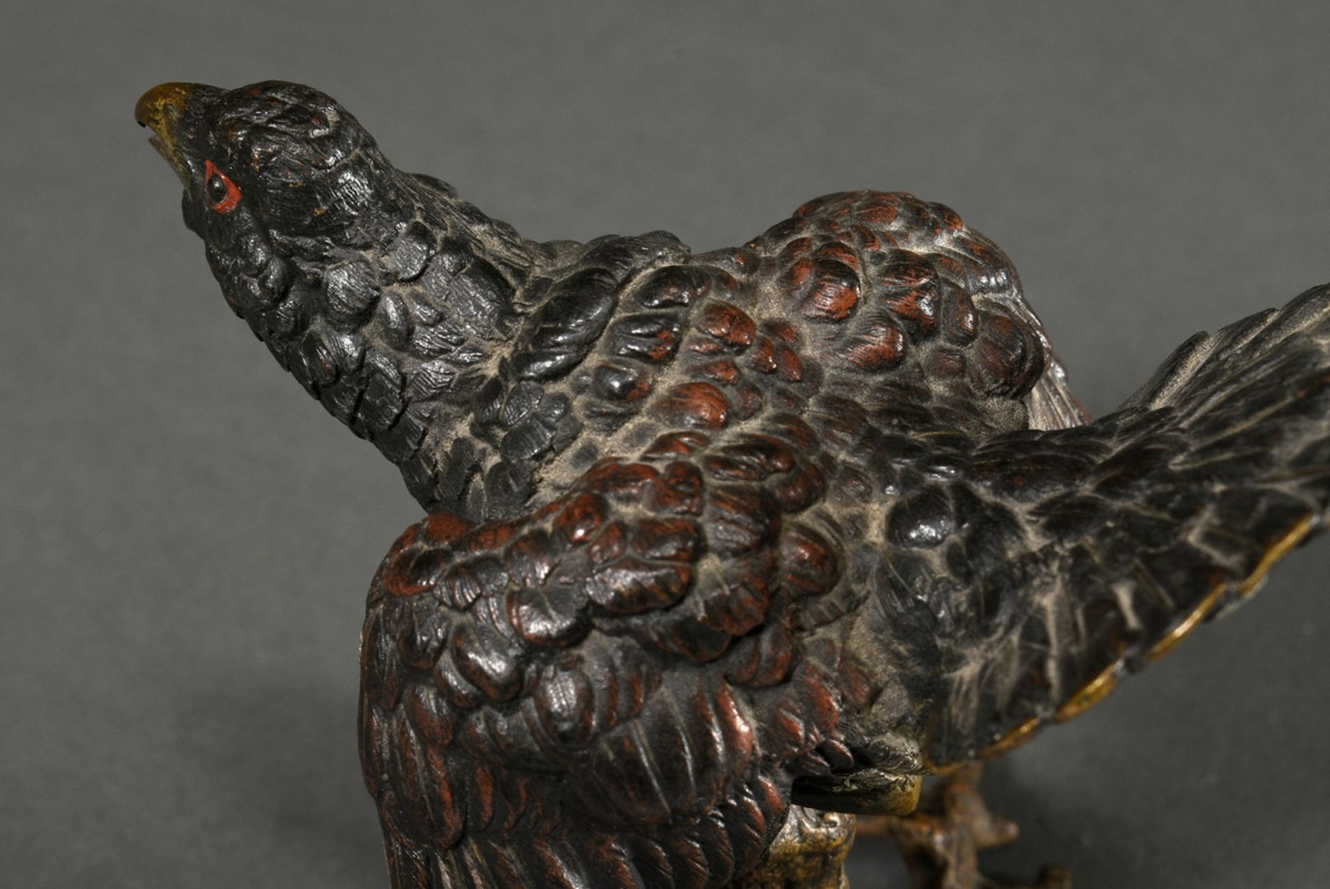 Viennese bronze "capercaillie on branch", approx. 1900, naturalistically painted, marked at the bot - Image 3 of 6