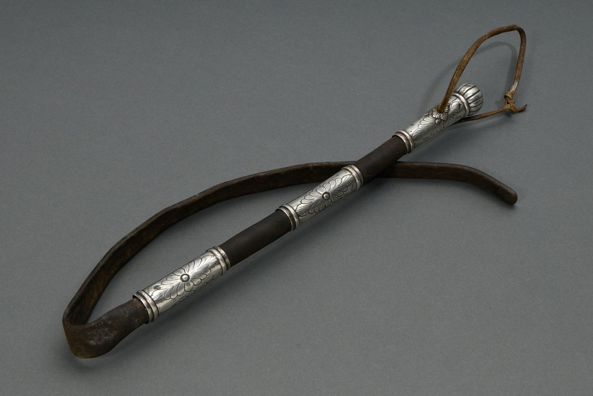 South American gaucho whip so-called Rebenque, leather with florally embossed silver cuffs and hand - Image 4 of 5