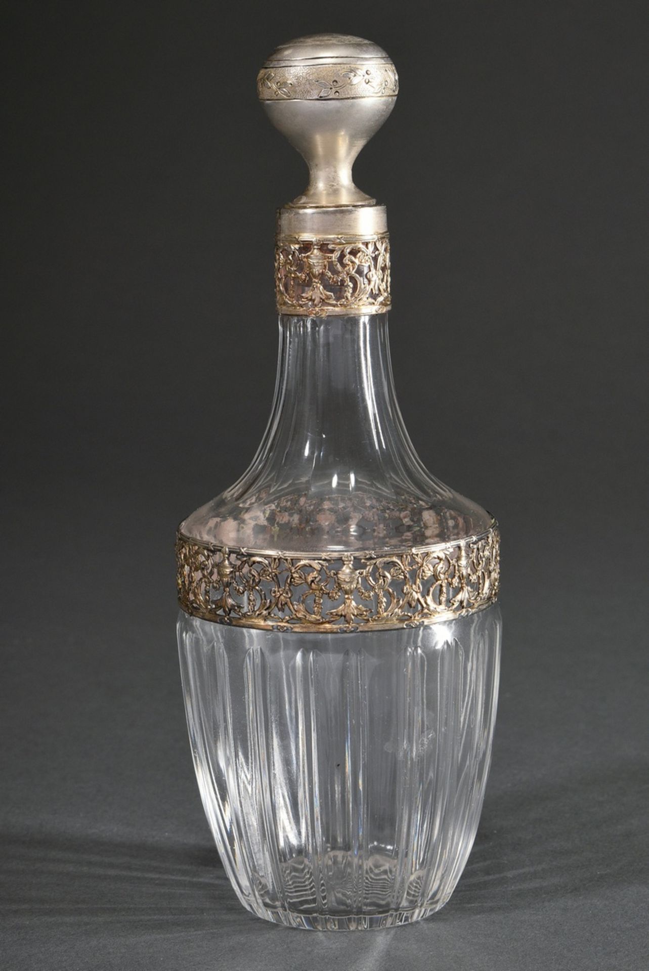 Small French crystal carafe with faceted body and floral openwork silver 900 frieze and stopper, ar