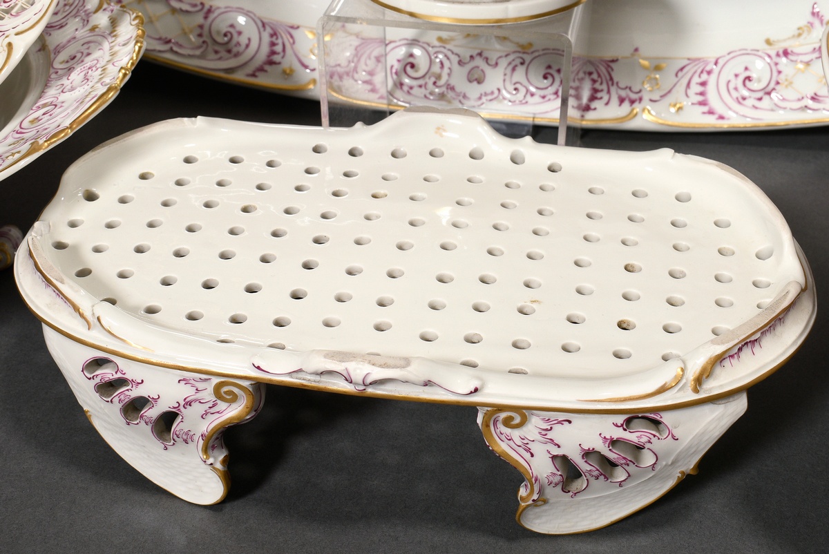 69 Pieces KPM dinner service in Rococo form with purple and gold staffage, red imperial orb mark, c - Image 10 of 22