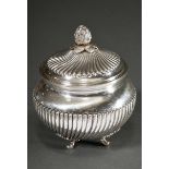 Sugar bowl on 4 leaf feet with a plastic ‘cone’ knob and grooved decoration, Portugal, silver, 279g