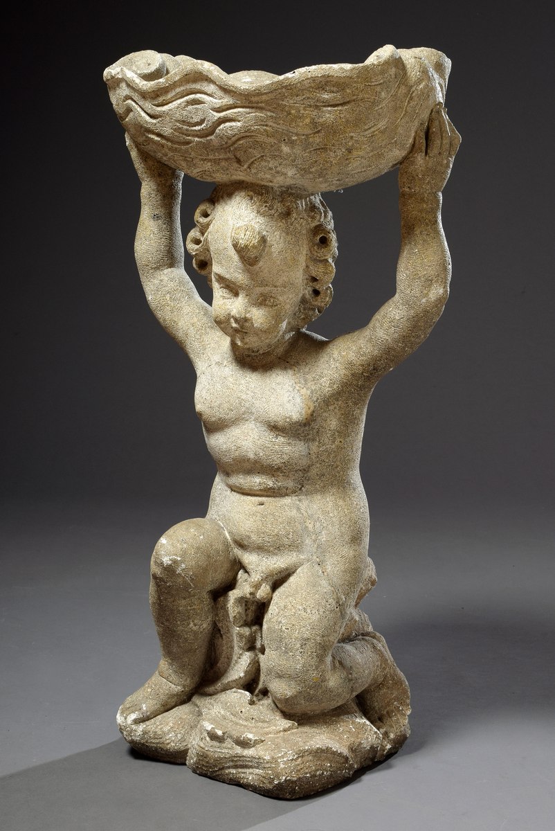 Sandstone garden figure "Putto holding a shell", h. 82cm, restored