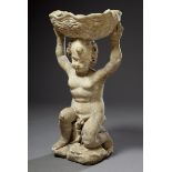 Sandstein Gartenfigur "Knieender Putto eine Muschel haltend", H. 82cm, rest., Witterungsspuren