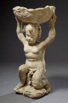 Sandstein Gartenfigur "Knieender Putto eine Muschel haltend", H. 82cm, rest., Witterungsspuren