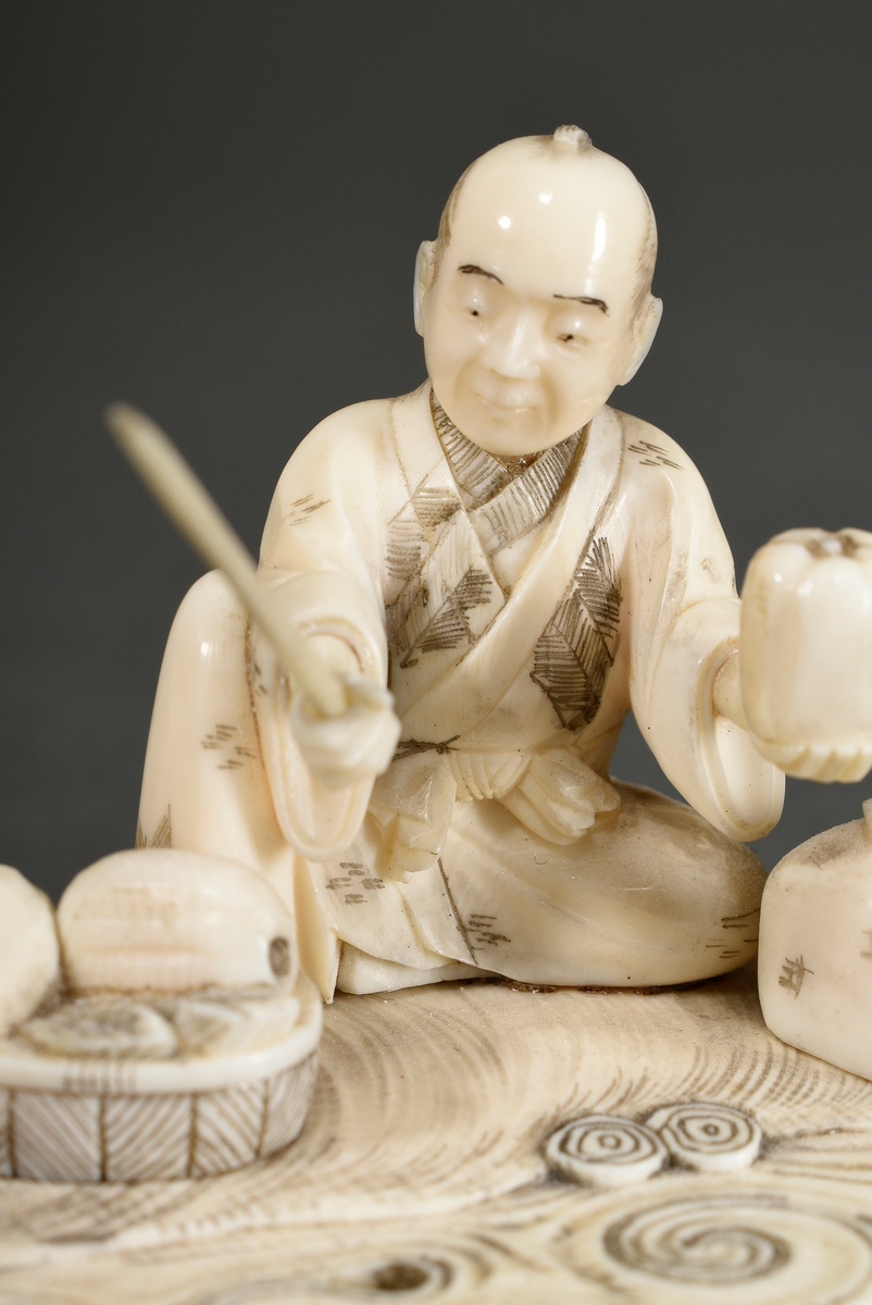 Ivory okimono ‘Chinese sage with moon lute accompanied by two drumming oni’, partially coloured bla - Image 5 of 9