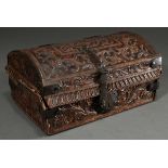Floral hallmarked round lidded casket in Spanish style with iron fittings, inside lined with velvet