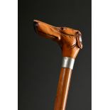 Walking stick with sculptural crutch ‘greyhound head’, boxwood with glass eyes, metal cuff, palm ca