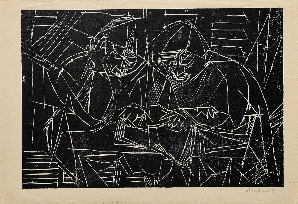 Bargheer, Eduard (1901-1979) 'Two people reading' 1948, probably woodcut, sign./dat. lower right, P - Image 2 of 3