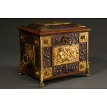 Square historicism casket with yellow cast reliefs ‘River Gods’ on hallmarked leather over wooden b