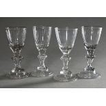 4 Baroque goblets in Lauenstein style, colourless, slightly greyish glass, bell-shaped foot with ch