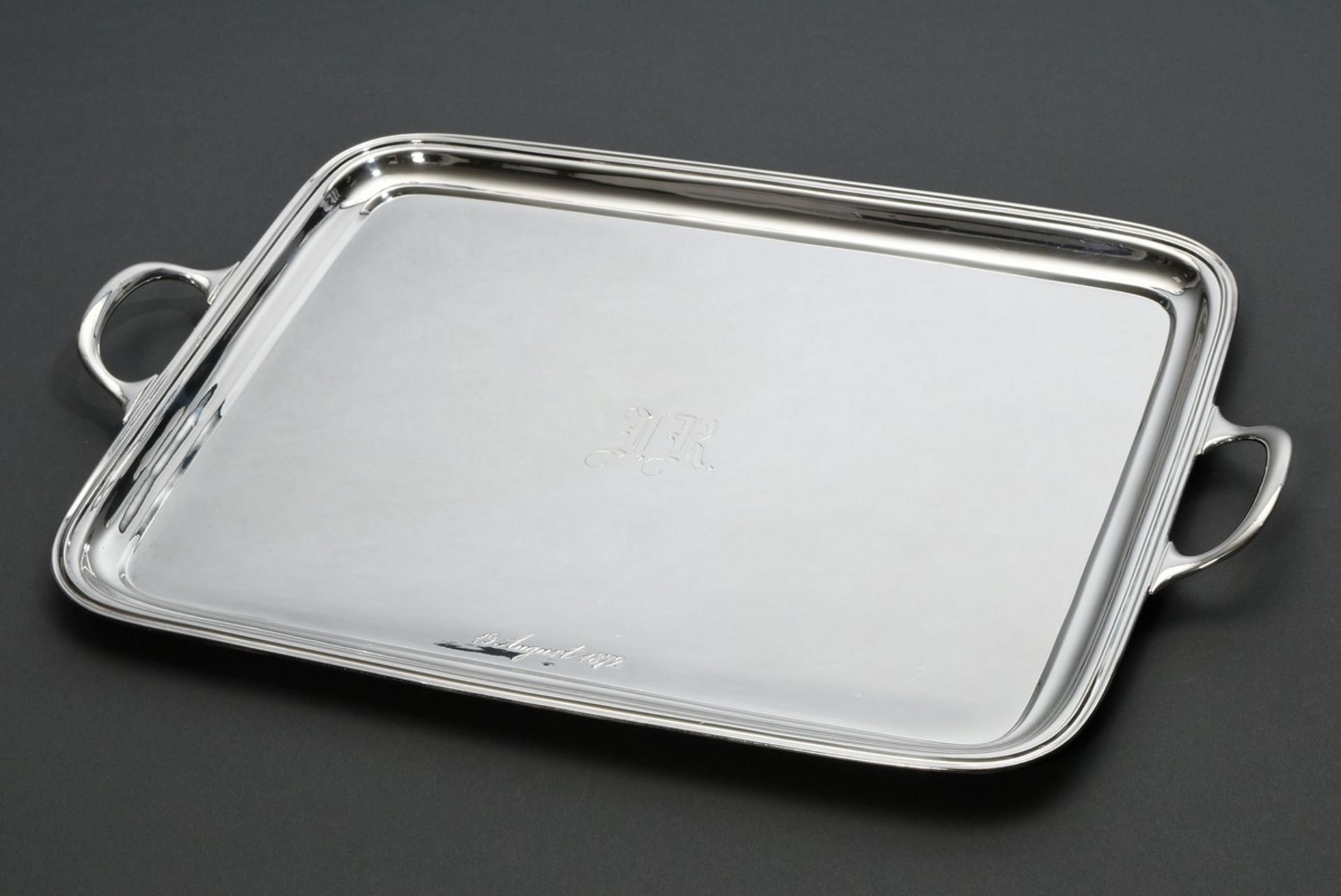 Rectangular tray in a simple design with side handles and monogram in Fraktur script ‘JR’ and date 