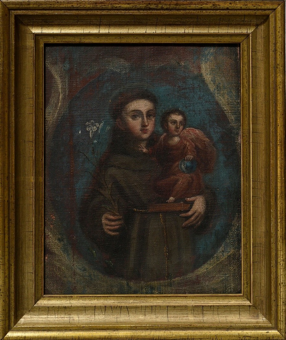 4 Small South American paintings of saints "Saint Anthony, Saint Bernadino of Sienna, Saint Thomas  - Image 5 of 10