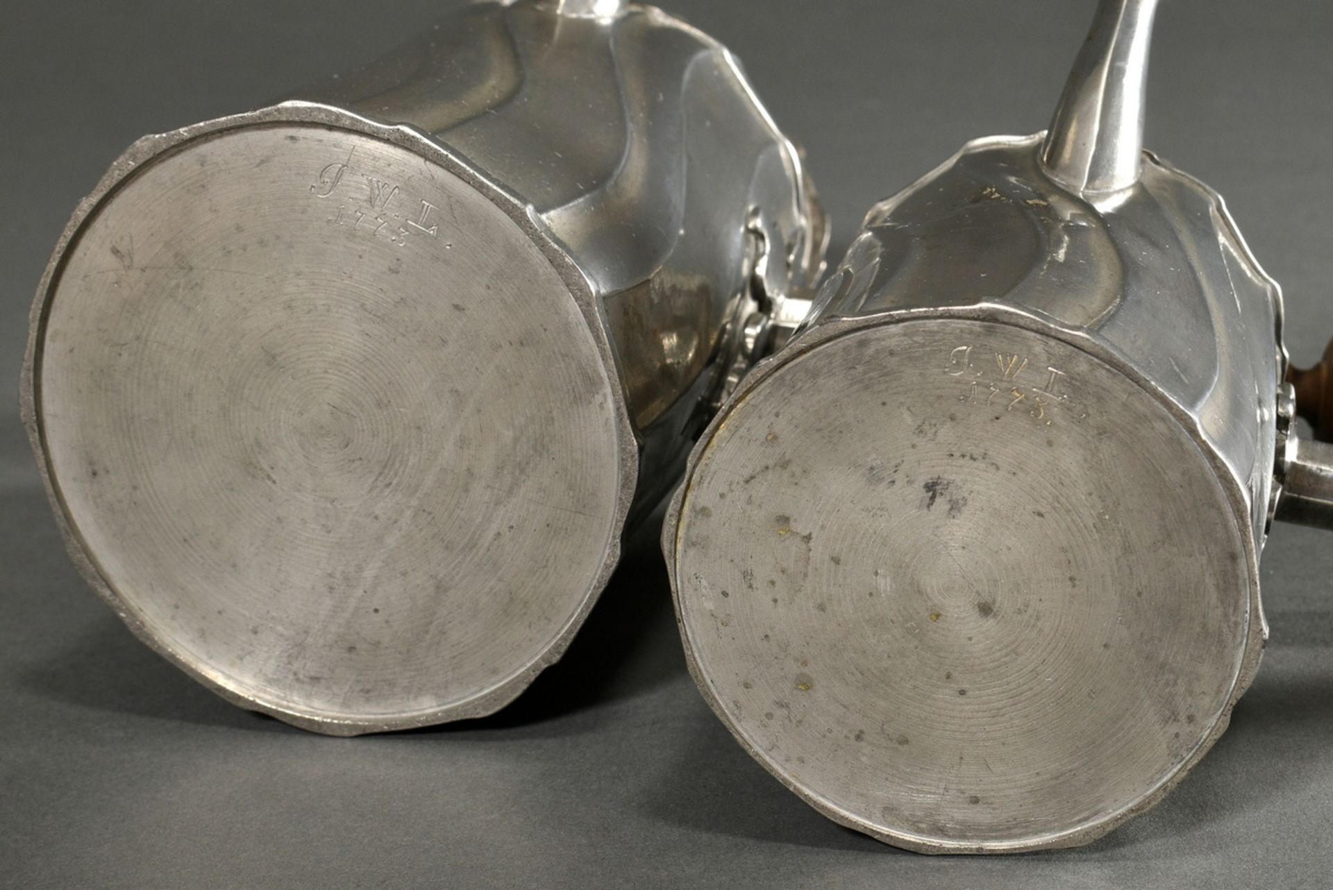 2 various pewter chocolateries with conical body, curved features and wooden handles on the sides,  - Image 5 of 6