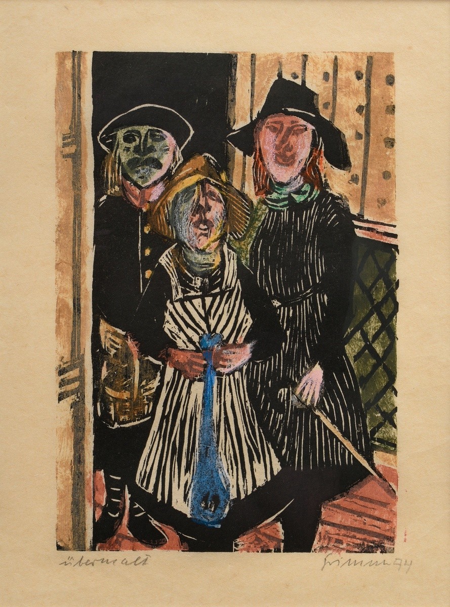 Grimm, Wilhelm (1904-1986) "Three in the door" 1974, overpainted woodcut, sign./dat./inscr. below, 