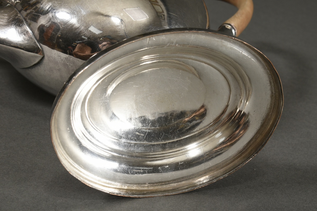 Oval silver-plated coffee pot with grooved shoulder and striped frieze on a high foot with light br - Image 6 of 6