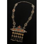 Yomud Turkmen necklace with amulet container "Tumar" made of 8 plates with fire-gilt applications, 