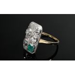 Handgearbeiteter platinierter Art Deco Gelbgold 585 Ring mit Smaragd (ca. 0.25ct) und Diamanten im 