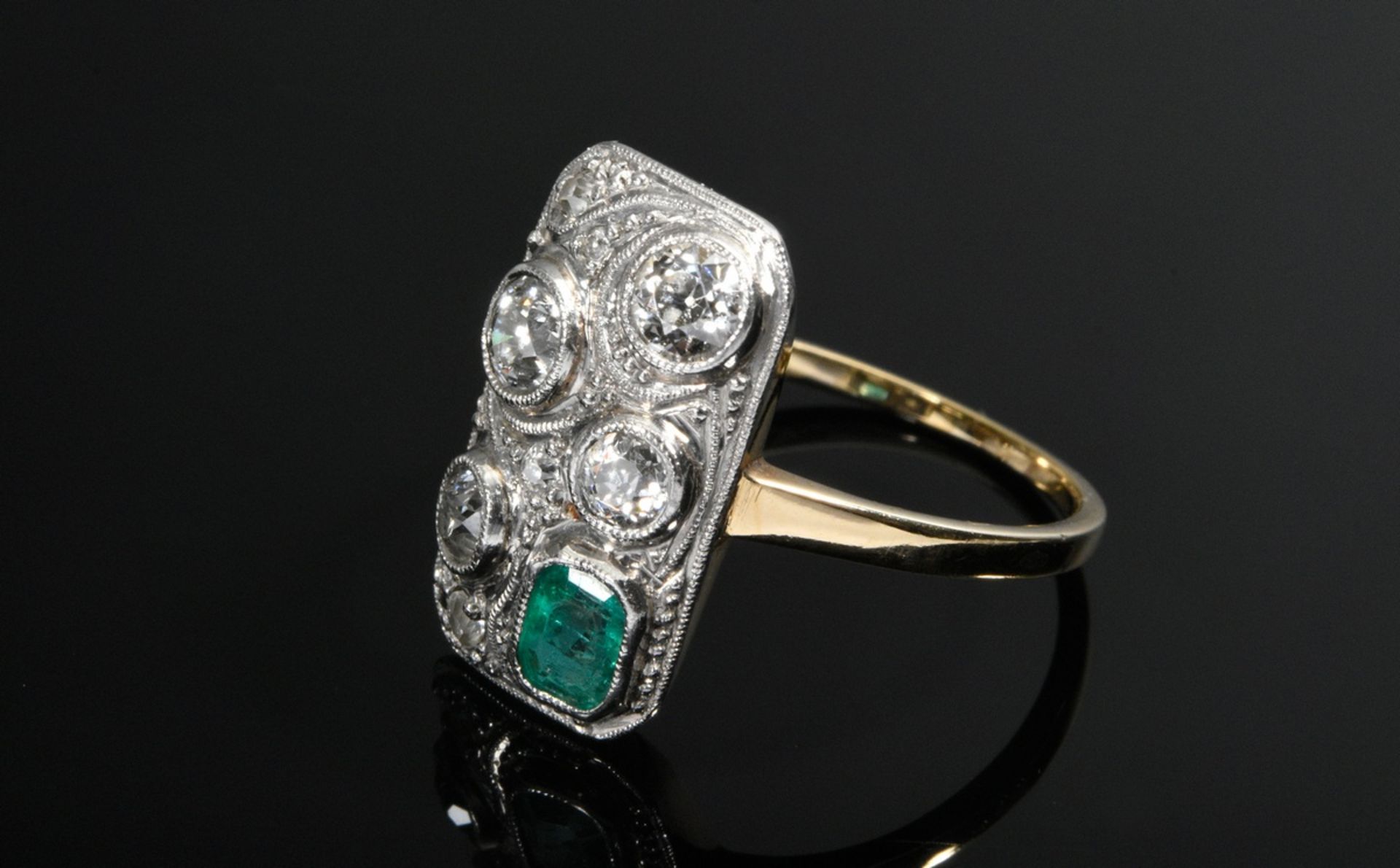 Handcrafted platinum-plated Art Deco yellow gold 585 ring with emerald (approx. 0.25ct) and old-cut