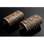 Pair of Yomud Turkmen bracelets "Bilezik", slightly conical, three-tiered with 9 oval carnelians ea