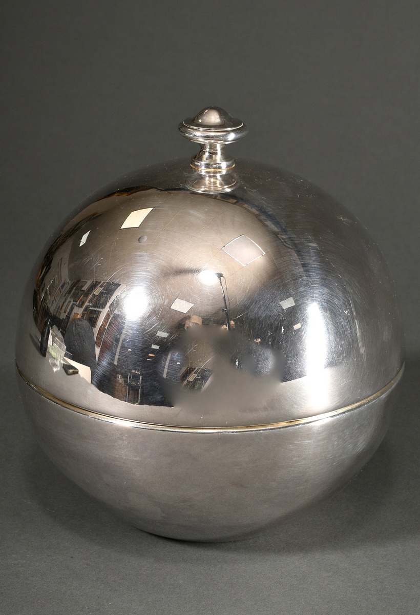 Spherical Midcentury caviar box with glass insert, Motto Italy, silver-plated metal, h. 18cm, Ø 17c