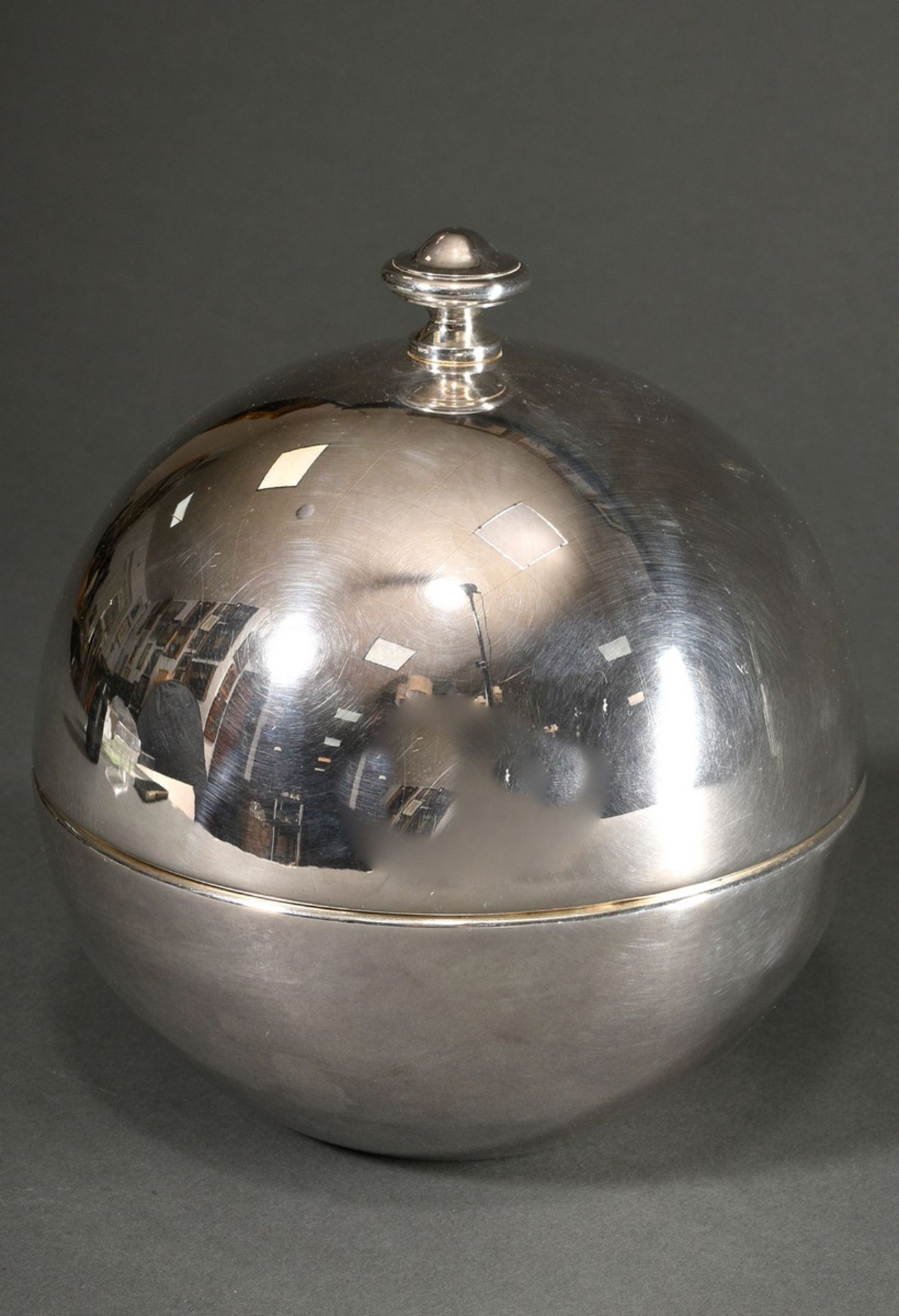 Kugelförmige Midcentury Kaviardose mit Glaseinsatz, Motto Italien, Metall versilbert, H. 18cm, Ø 17