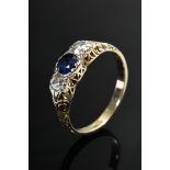 Antique yellow gold 585 pre-stud ring with sapphire and 2 old-cut diamonds (together approx. 0.20ct