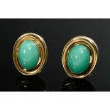 Pair of 750 yellow gold stud earrings with clip prism and chrysoprase cabochons, 24.7g, Ø 22.1x18.2