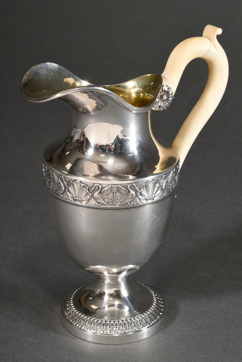 Empire milk jug with surrounding swan and shell relief and pearl frieze, curved ivory handle over m