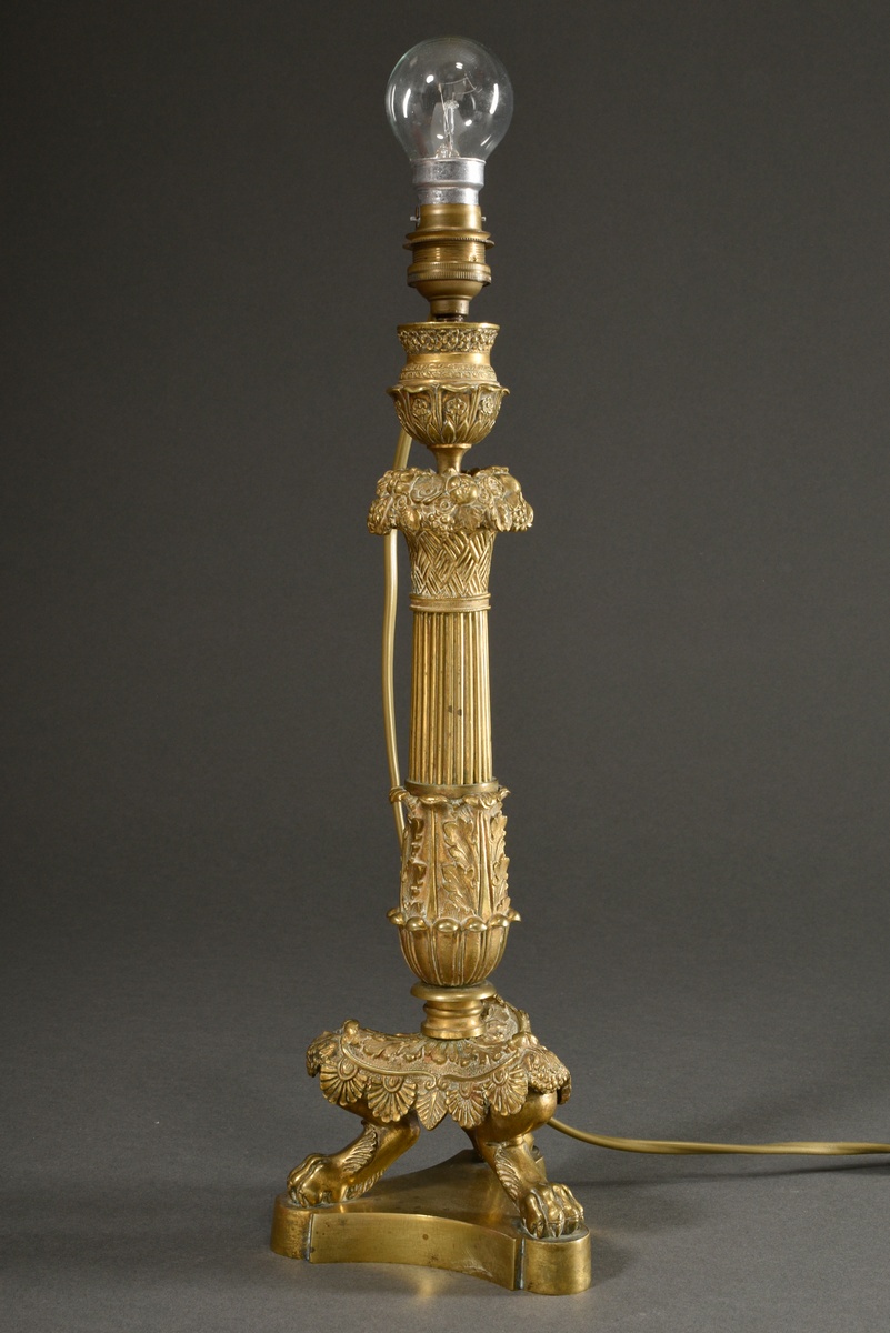Large Empire column chandelier on 3 lion's paws with acanthus leaf apron and cuff and flower basket - Image 2 of 4
